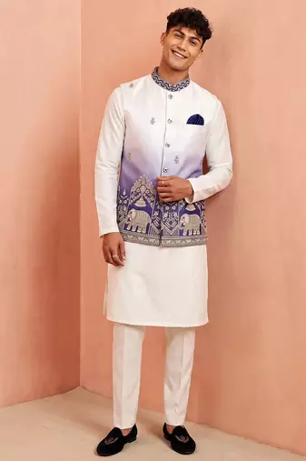 Men banarasi silk kurta and satin jacket set