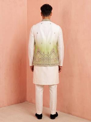 Men banarasi silk kurta and satin jacket set 5