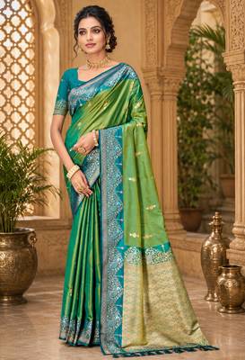 sangam prints emerald green soft silk blend woven work traditional saree 1