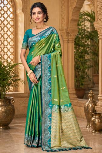 sangam prints emerald green soft silk blend woven work traditional saree