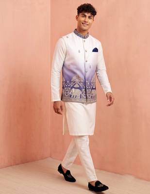 Men banarasi silk kurta and satin jacket set 3