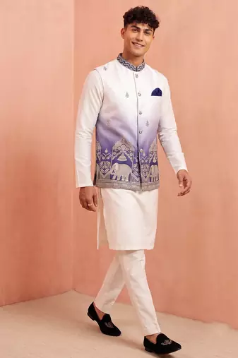 Men banarasi silk kurta and satin jacket set