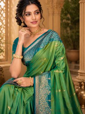 sangam prints emerald green soft silk blend woven work traditional saree 2