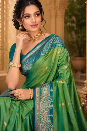 sangam prints emerald green soft silk blend woven work traditional saree
