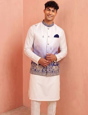 Men banarasi silk kurta and satin jacket set 4