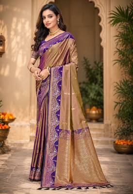 sangam prints taupe gold soft silk blend woven work traditional saree 1