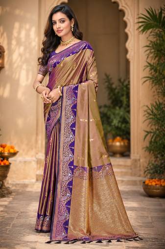 sangam prints taupe gold soft silk blend woven work traditional saree