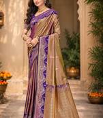 sangam prints taupe gold soft silk blend woven work traditional saree