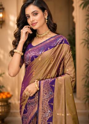 sangam prints taupe gold soft silk blend woven work traditional saree 2