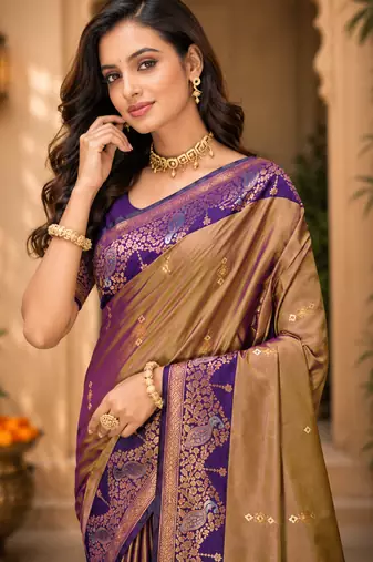 sangam prints taupe gold soft silk blend woven work traditional saree