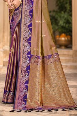 sangam prints taupe gold soft silk blend woven work traditional saree 3
