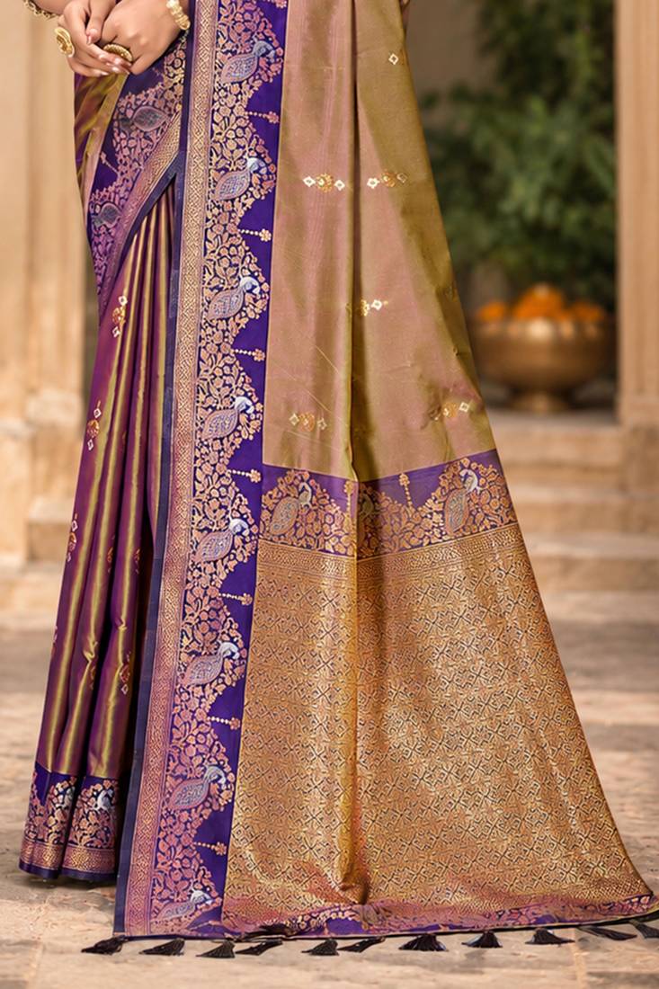 sangam prints taupe gold soft silk blend woven work traditional saree