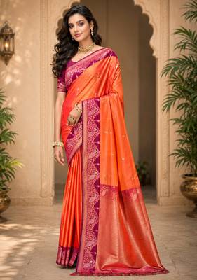 sangam prints coral orange soft silk blend woven work traditional saree 1