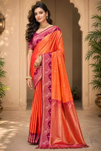 sangam prints coral orange soft silk blend woven work traditional saree