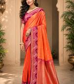 sangam prints coral orange soft silk blend woven work traditional saree