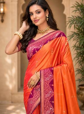 sangam prints coral orange soft silk blend woven work traditional saree 2