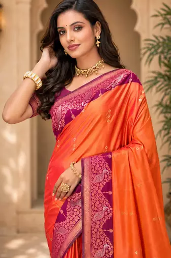 sangam prints coral orange soft silk blend woven work traditional saree