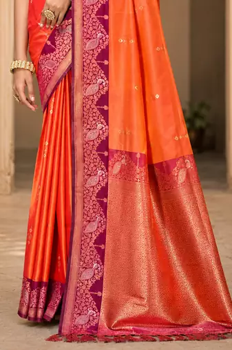 sangam prints coral orange soft silk blend woven work traditional saree