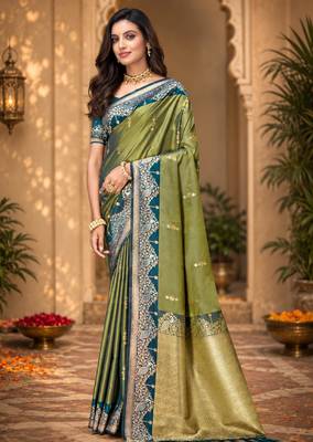 sangam prints olive green soft silk blend woven work traditional saree 1