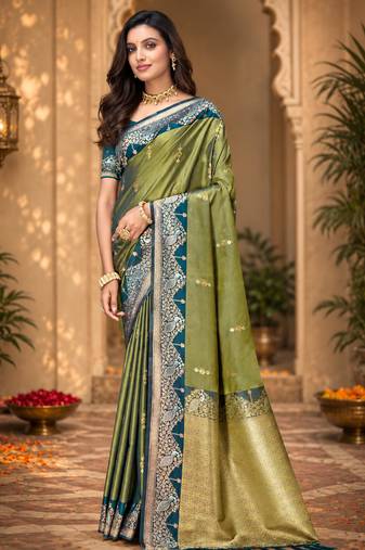 sangam prints olive green soft silk blend woven work traditional saree