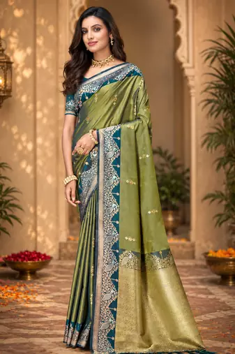 sangam prints olive green soft silk blend woven work traditional saree