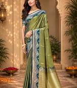 sangam prints olive green soft silk blend woven work traditional saree