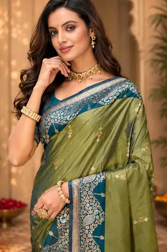 sangam prints olive green soft silk blend woven work traditional saree