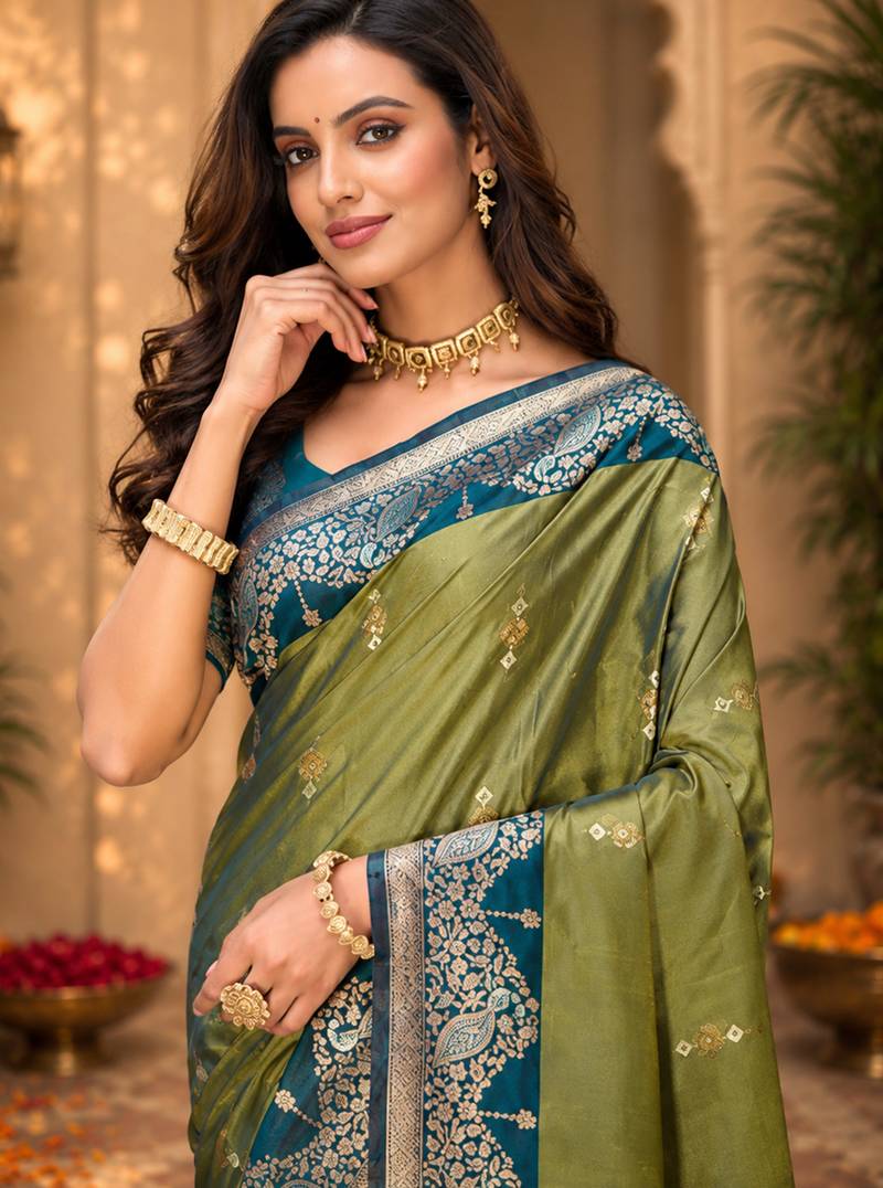 sangam prints olive green soft silk blend woven work traditional saree