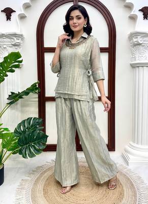 Light green hand work embroidered short kurti palazzo set for women 1
