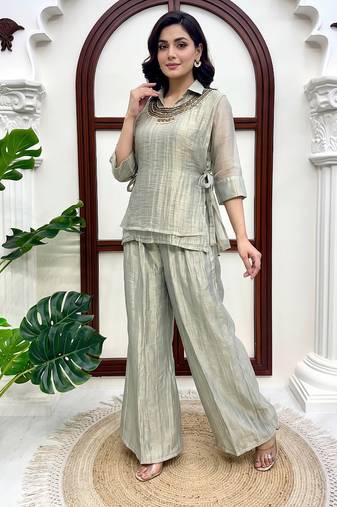 light green hand work embroidered short kurti palazzo set for women