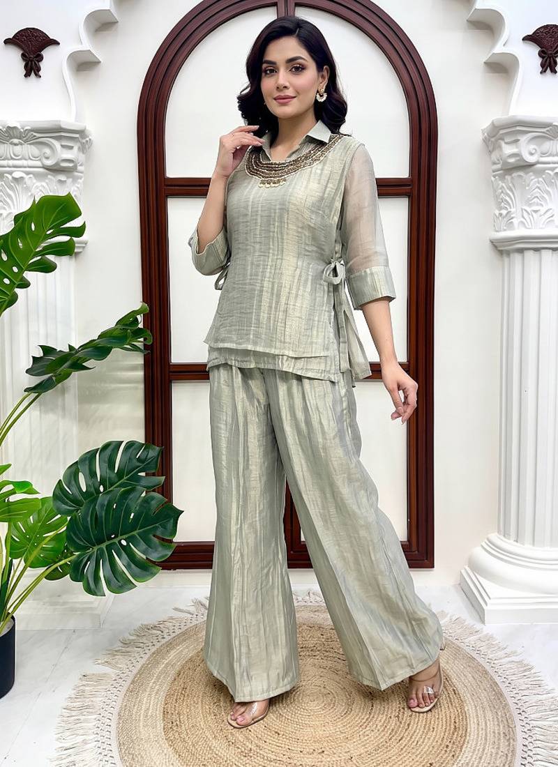 Light green hand work embroidered short kurti palazzo set for women