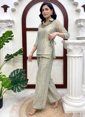 Light green hand work embroidered short kurti palazzo set for women 2
