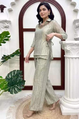 light green hand work embroidered short kurti palazzo set for women