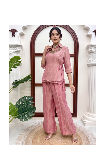 Pink hand work embroidered short kurti palazzo set for women 1