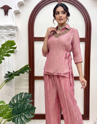 pink hand work embroidered short kurti palazzo set for women