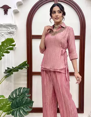 pink hand work embroidered short kurti palazzo set for women