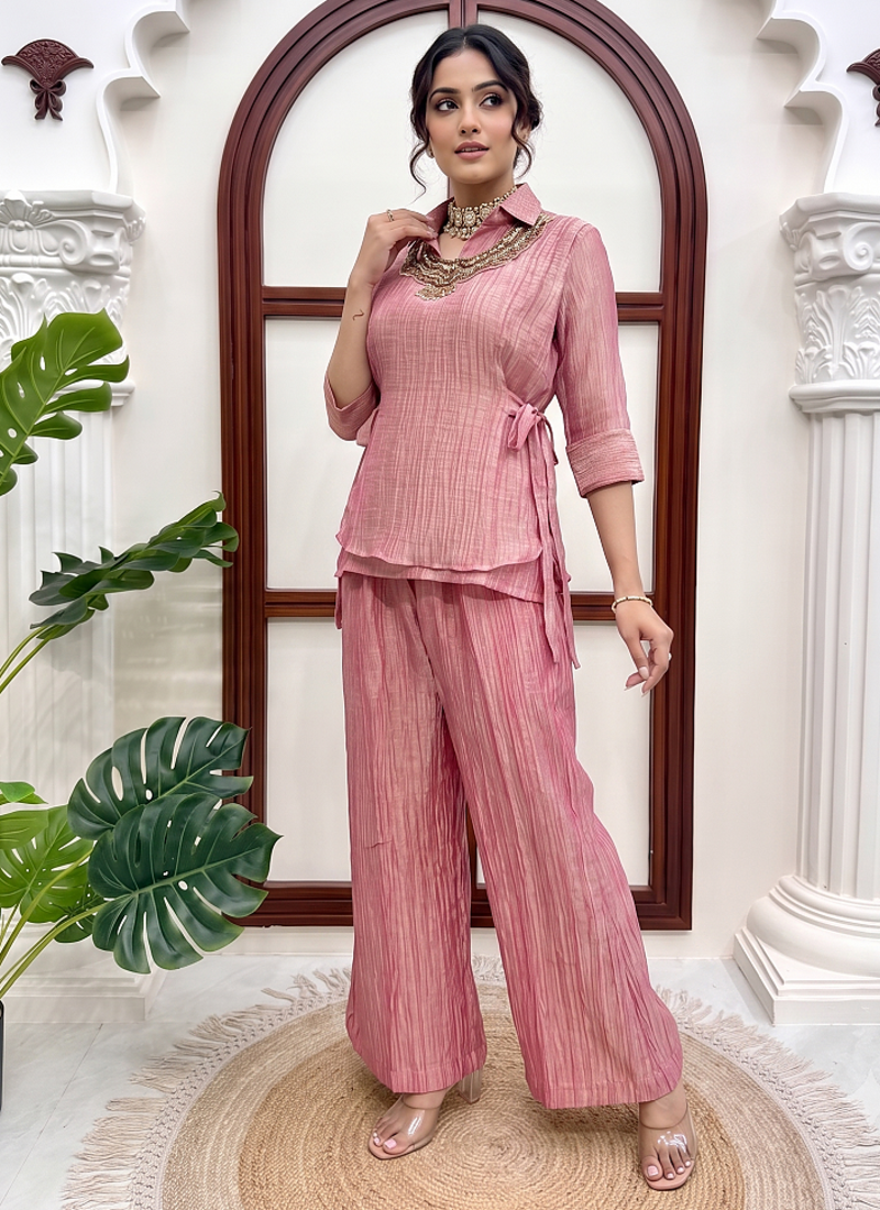 Pink hand work embroidered short kurti palazzo set for women