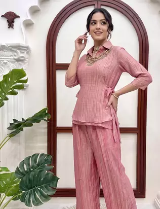 pink hand work embroidered short kurti palazzo set for women
