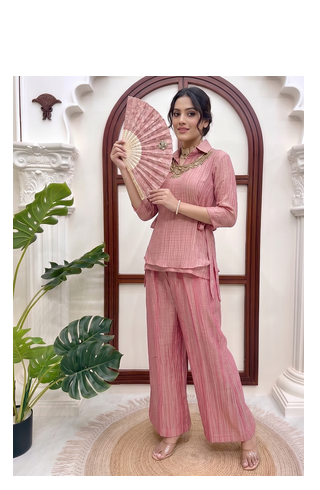 Pink hand work embroidered short kurti palazzo set for women 3
