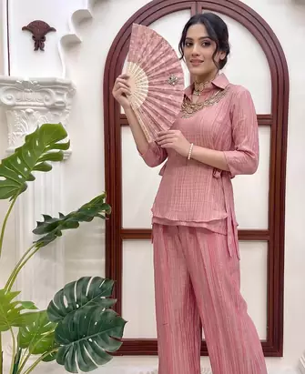 pink hand work embroidered short kurti palazzo set for women