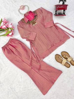 Pink hand work embroidered short kurti palazzo set for women 4