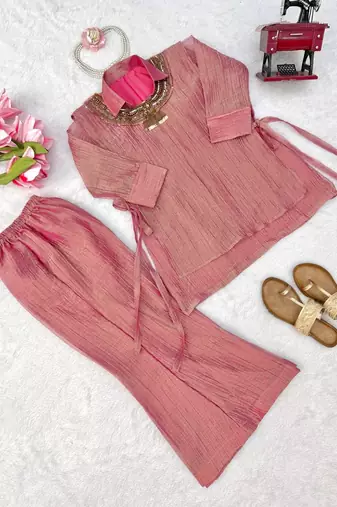 pink hand work embroidered short kurti palazzo set for women