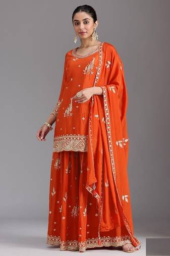 orange chinon silk semi stitched wedding suits
