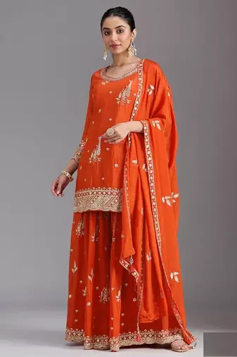 orange chinon silk semi stitched wedding suits