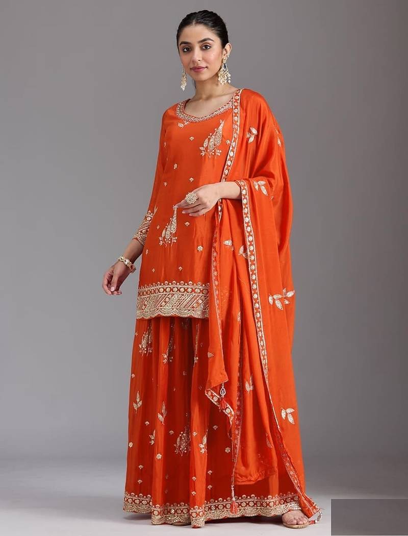orange chinon silk semi stitched wedding suits