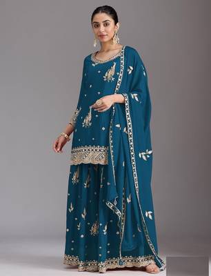 blue chinon silk semi stitched wedding suits 1