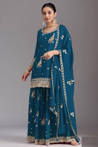 blue chinon silk semi stitched wedding suits
