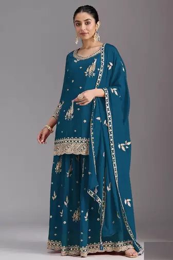 blue chinon silk semi stitched wedding suits