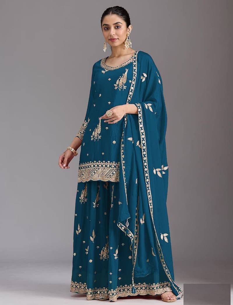 blue chinon silk semi stitched wedding suits