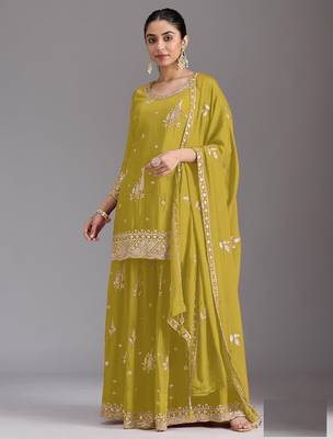 lemon green chinon silk semi stitched wedding suits 1
